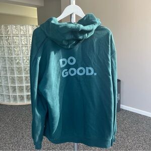 Cotopaxi Teal Zip-Up Sweater with 'Do Good' Print